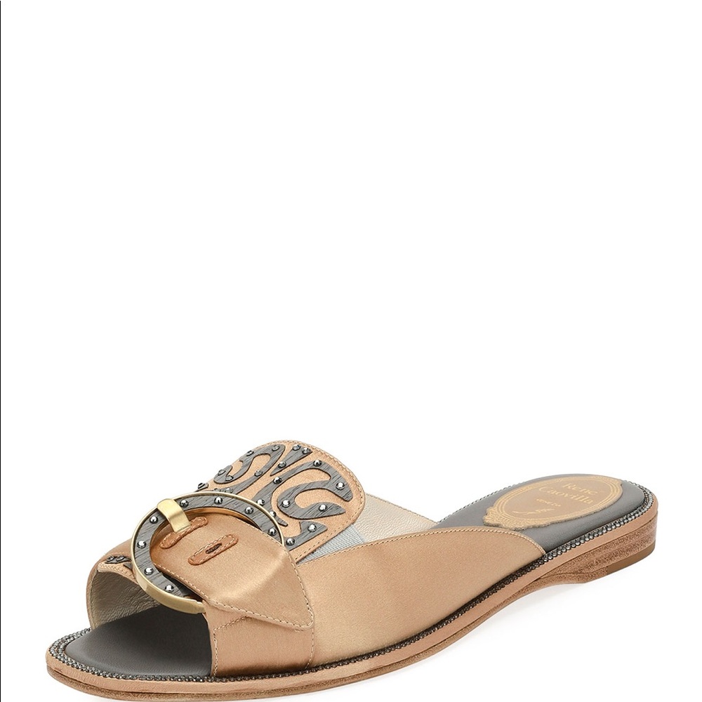 Rene Caovilla
Satin and Wood Flat Slide Sandal 38.5
